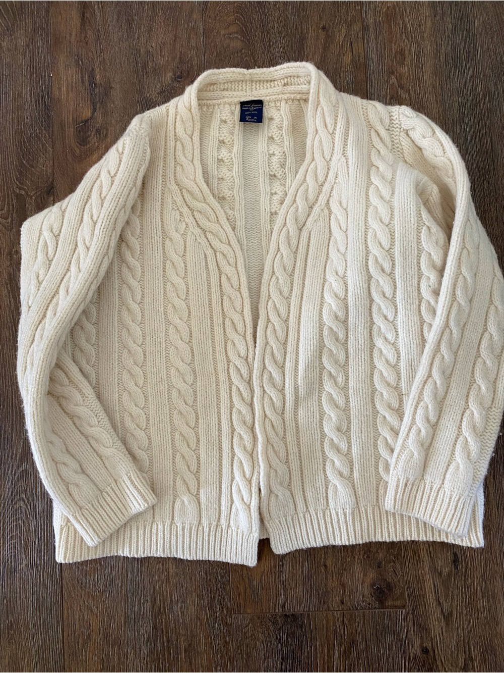 Vintage Cream Cable 100% wool made in England Open Cardigan Sweater